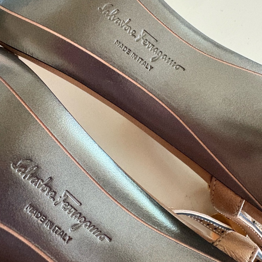 Salvatore Ferragamo Metallic Tan Strappy Ankle‑Strap Heels - Picture 8 of 8